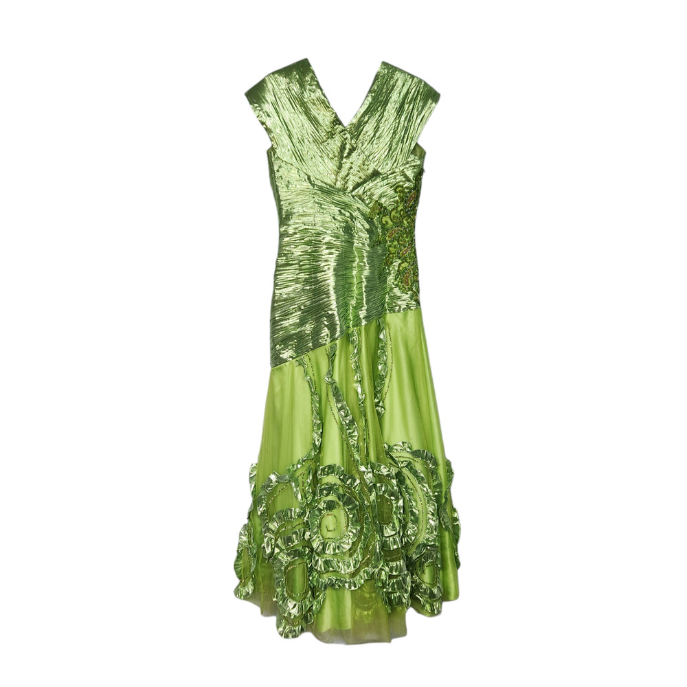 Apple Green Lame Mesh Embellished Evening Cocktail Gown Maxi Dress M - Picture 7 of 7